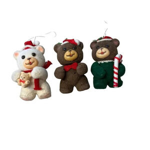 Vintage Jasco Flocked Bear Ornaments Christmas Teddies Bear Gingerbread Holly